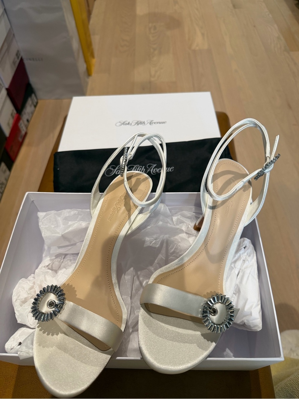 Saks Fifth Avenue Ivory Satin Open-Toe Slingback Heels with Silver Rosette